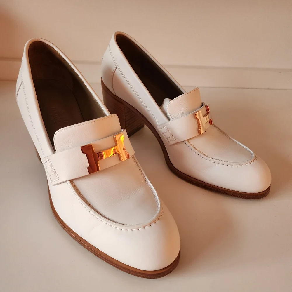 Hermès Dauphine 70 Loafer Blanc Calfskin with Rose Gold-plated Buckle sz 37.5 - Picture 5 of 16